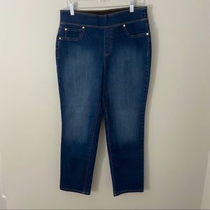 Kim Rogers Pull On Straight Leg Jeans Size 12 Petite Comfort Waist Dark Wash